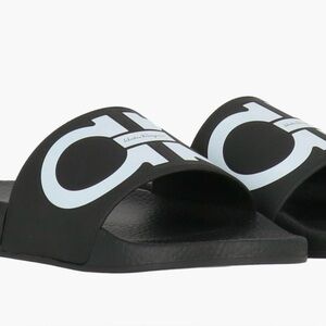 Salvatore Ferragamo Black and White Logo Slide Sandals